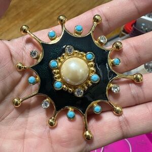 Vintage Barrera Avon Atom Gold Tone Enamel Turquoise Brooch Pendant